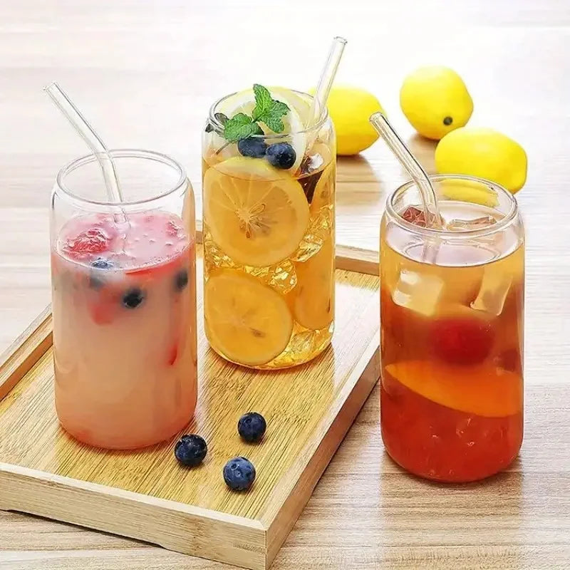 6pcs 18.6oz/550ml Drinking Glasses with Bamboo Lids and Glass Straw - Glass Cups Beer Ice Coffee Glasses Cute Aesthetic Cup Grea