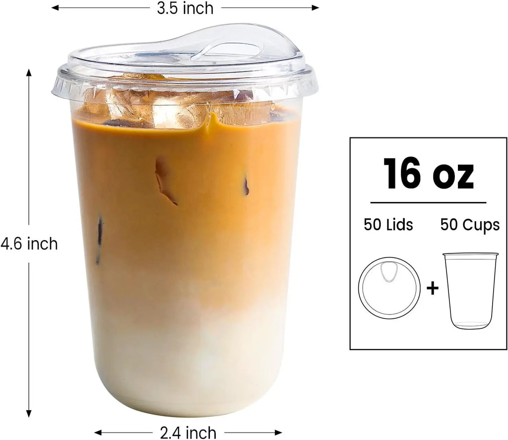 Round Bottom Clear Plastic Cups with Sip Lids, 50 Sets, 16 Oz Disposable Iced Coffee Cups for Smoothies and Juices